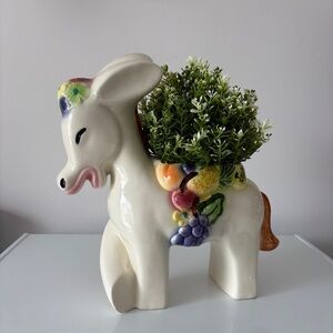 13” Ceramic Donkey Planter Vintage Large Happy Cutie Carrying Fruit MCM